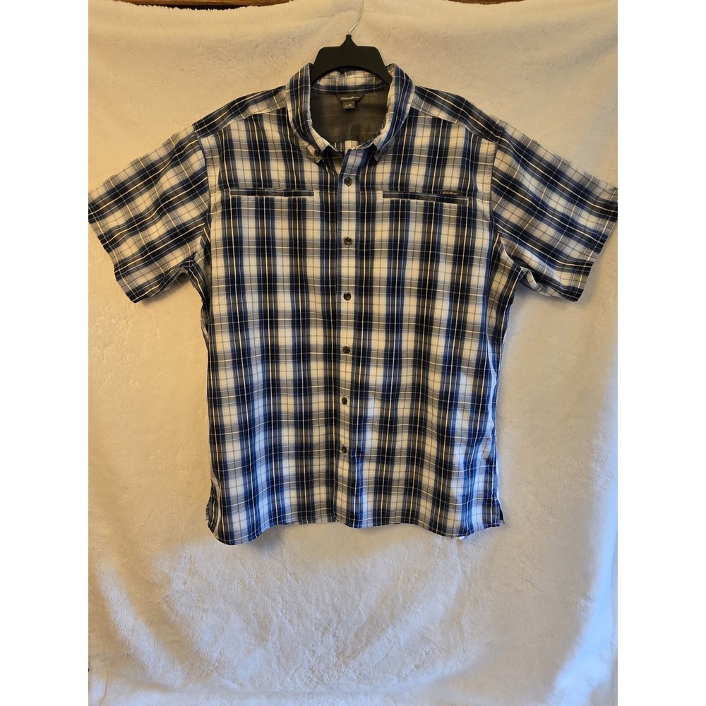 Eddie Bauer Men's Short Sleeve Button Down Sress Shirt Blue Plaid XL Lightweight